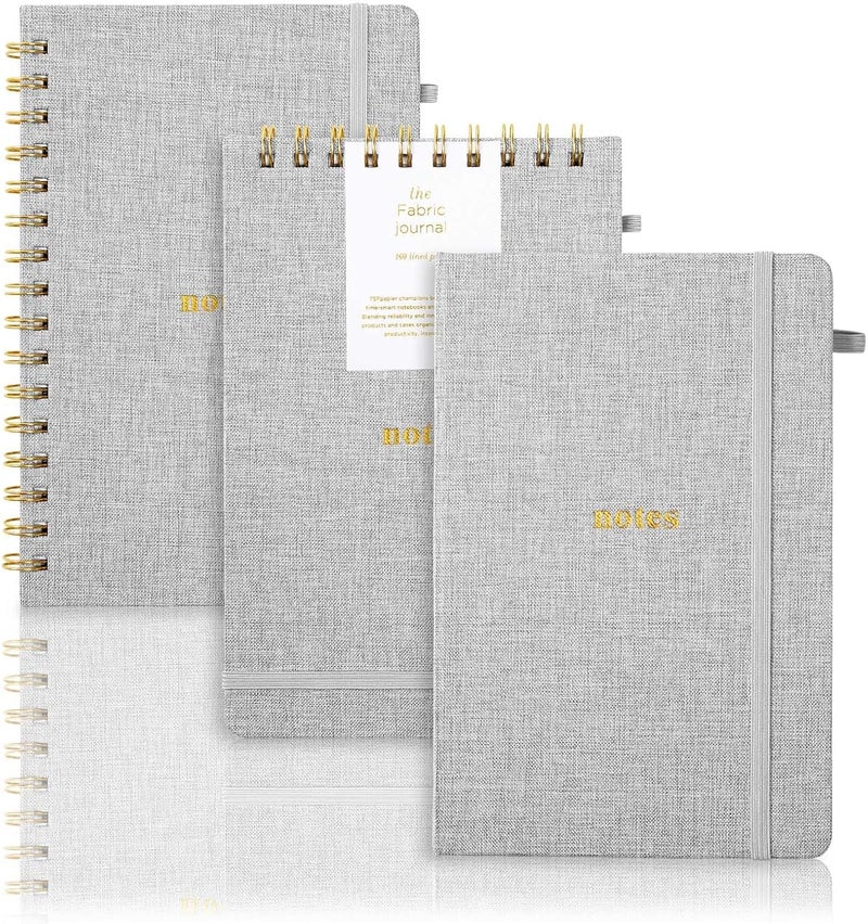 TSFPapier A5 Lined Journal Notebook – Hardcover Fabric Cover 160 Pages 100 GSM Thick Paper With Elastic Band & Pen Holder College Ruled Writing Notebooks for Work School Travel 3pack Gray Set - Image 1